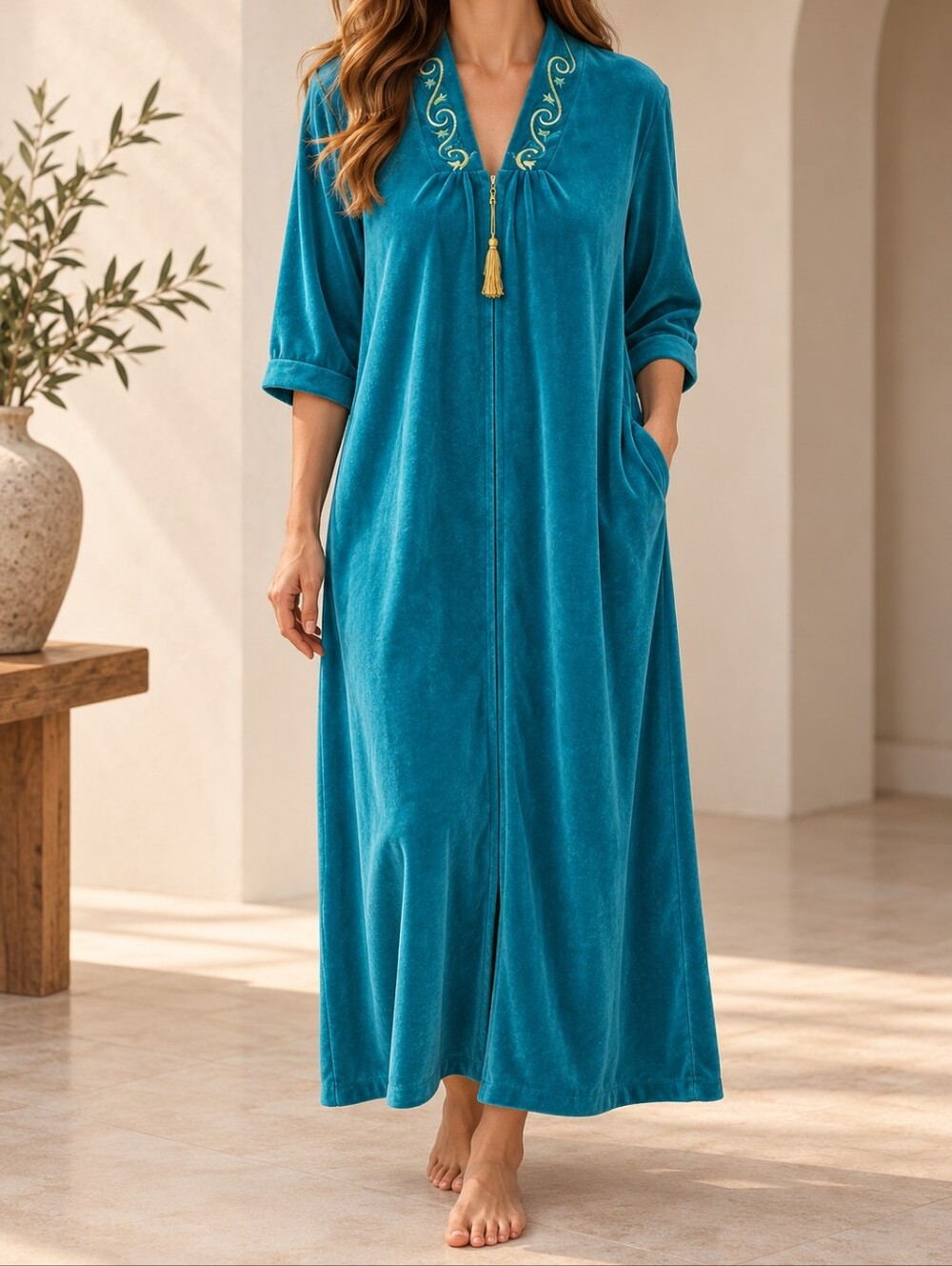 🇨🇦 Vintage Kelly Teal Velour Caftan Hostess Robe Embroidered Tassel Canada